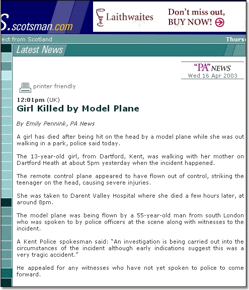 Girl killed by model airplane