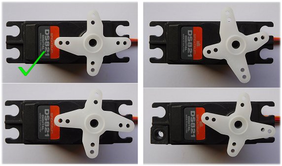 RC servo arm in different positions on splines